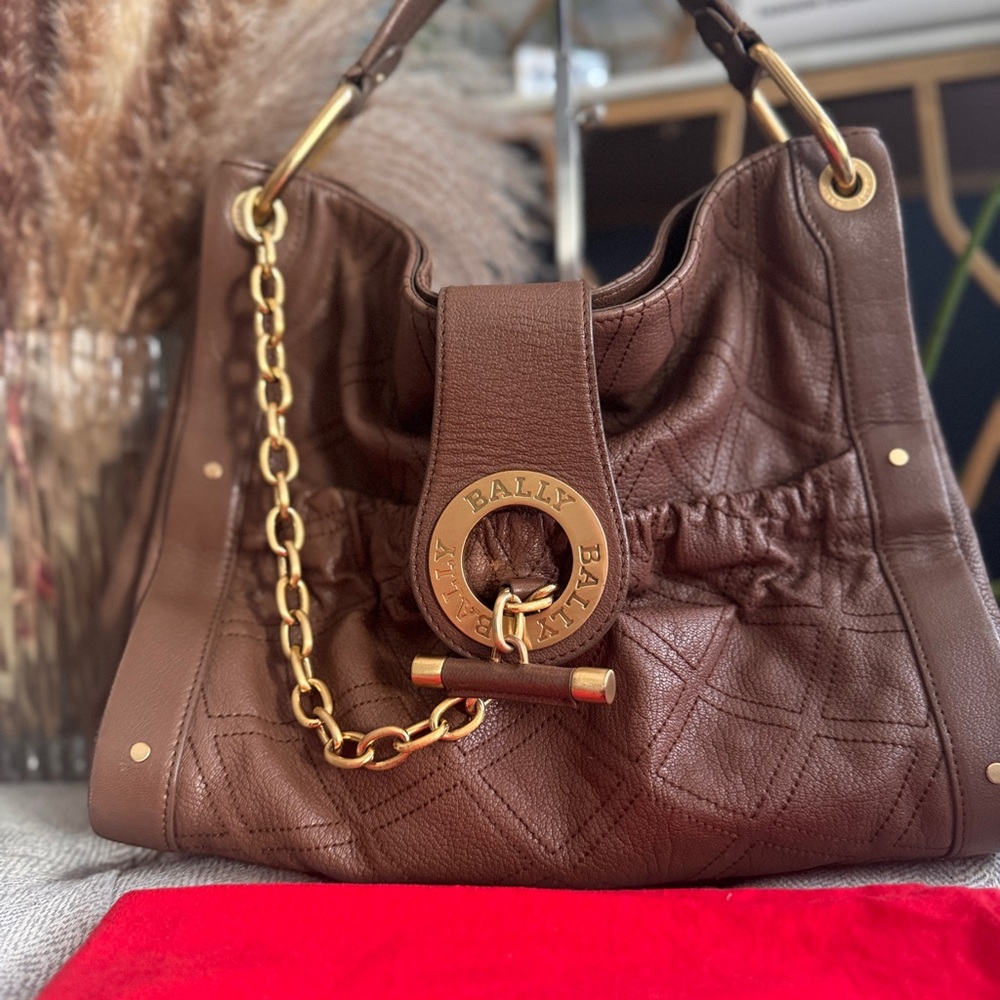 Bally Quilted Brown Leather Shoulder Bag with Gold Chain
